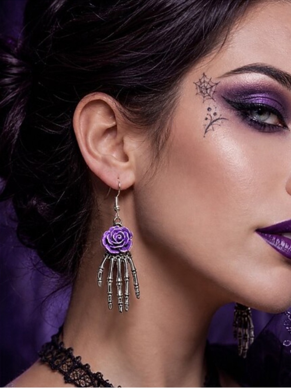 Purple Rose Skeleton Hand Dangle Earrings - Women Jewelry